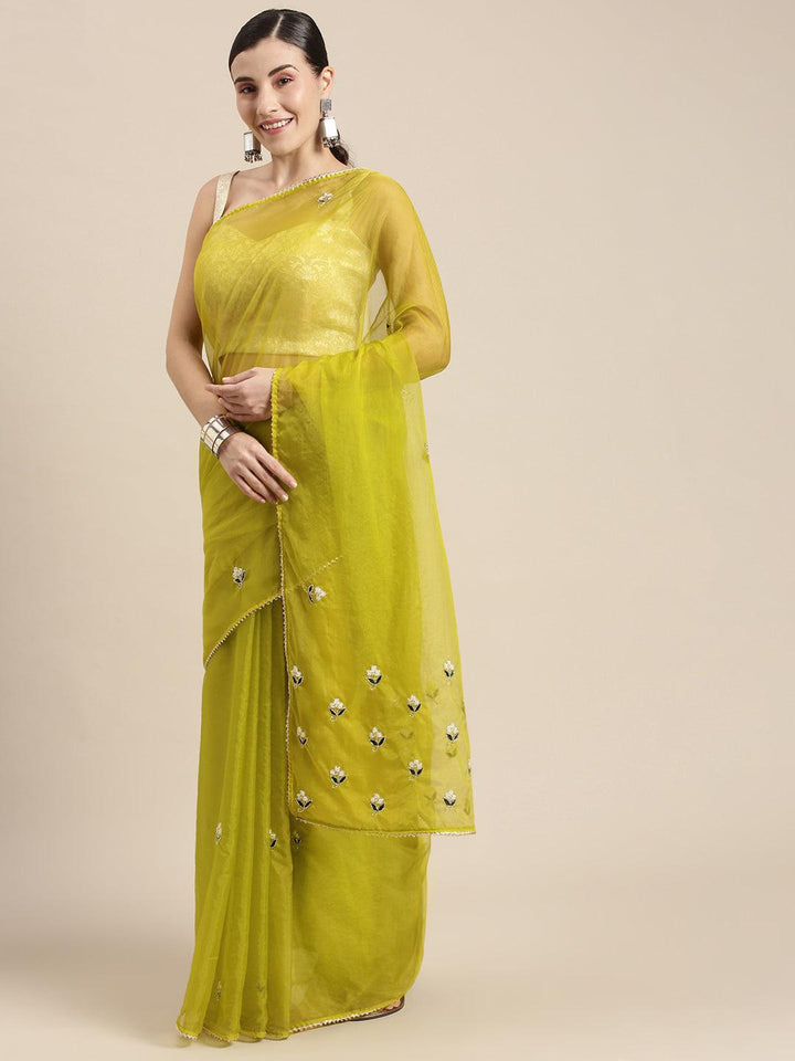 Green Hand Embroidered Organza Saree - Geroo Jaipur