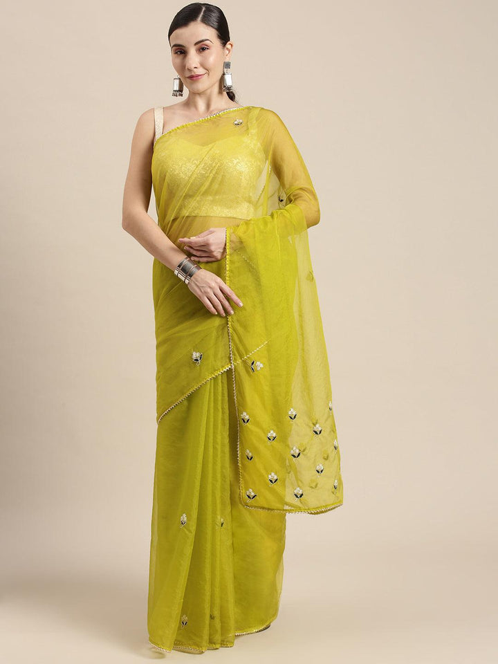 Green Hand Embroidered Organza Saree - Geroo Jaipur