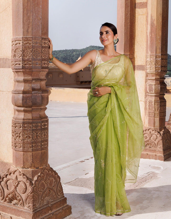 Green Hand Embroidered resham and Tube work Organza Saree - Geroo Jaipur