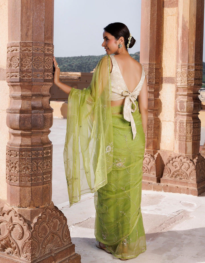 Green Hand Embroidered resham and Tube work Organza Saree - Geroo Jaipur