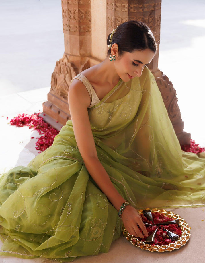 Green Hand Embroidered resham and Tube work Organza Saree - Geroo Jaipur