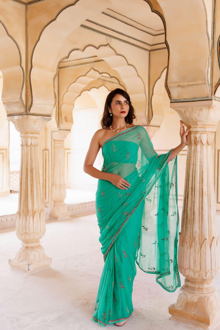 Green Hand Embroidered Resham-Tube Chiffon Saree - Geroo Jaipur