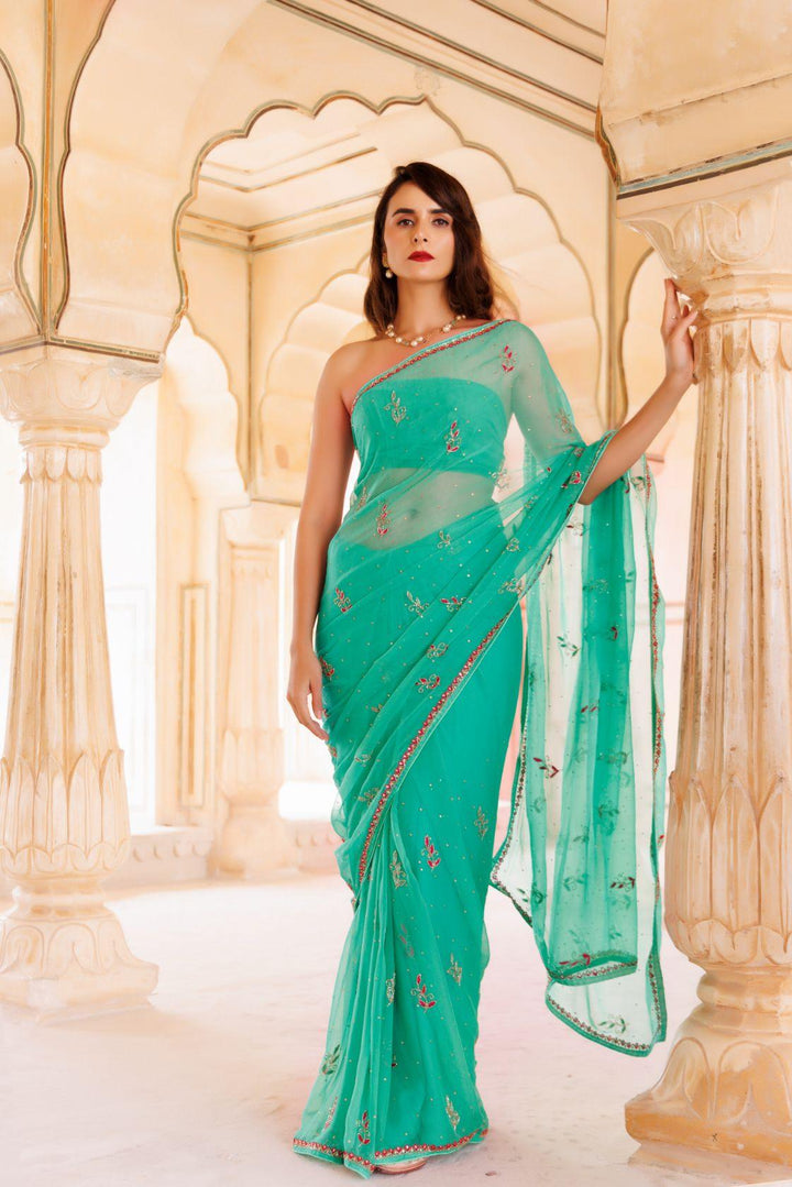 Green Hand Embroidered Resham-Tube Chiffon Saree - Geroo Jaipur