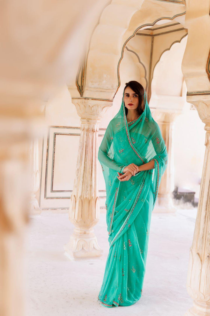 Green Hand Embroidered Resham-Tube Chiffon Saree - Geroo Jaipur