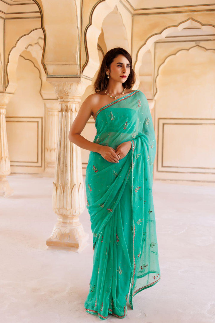 Green Hand Embroidered Resham-Tube Chiffon Saree - Geroo Jaipur