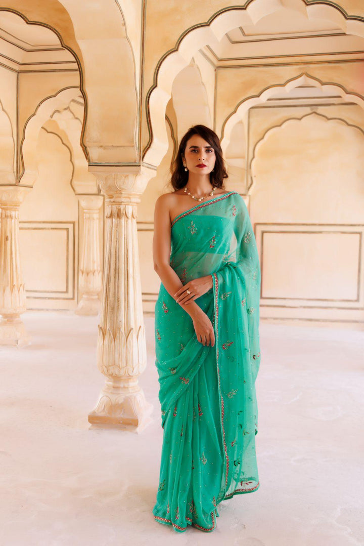 Green Hand Embroidered Resham-Tube Chiffon Saree - Geroo Jaipur