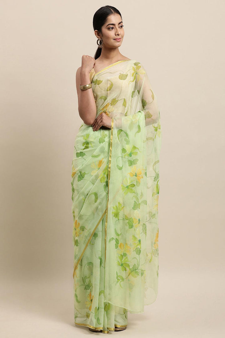 Green Hand Painted Floral Chiffon Saree - Geroo Jaipur