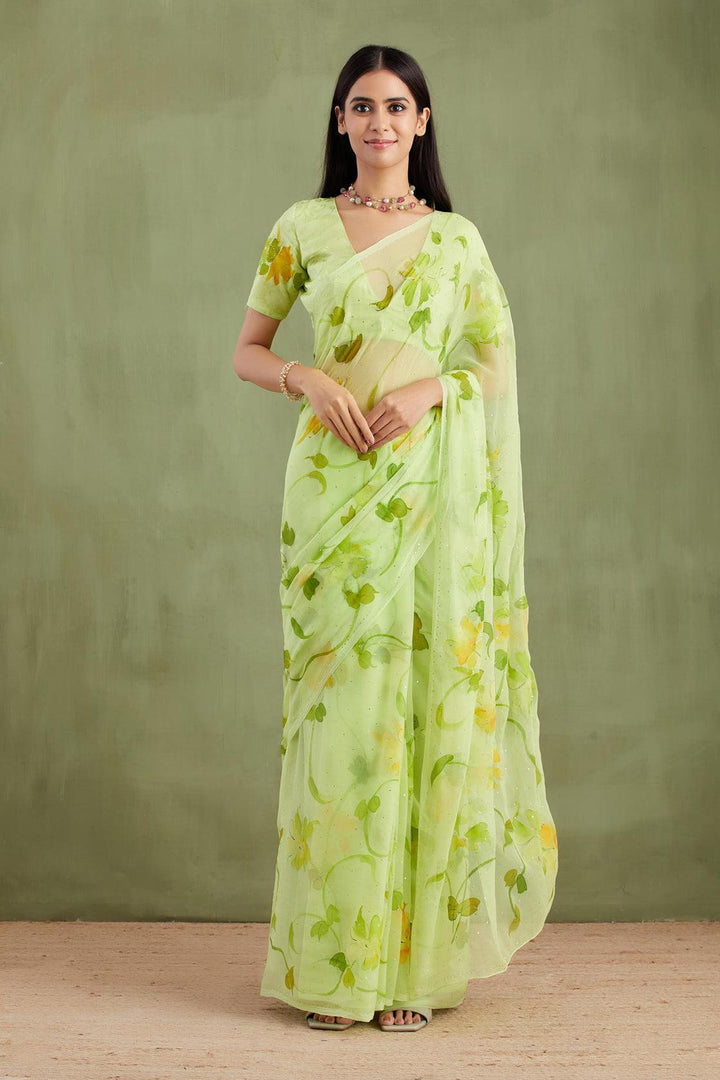 Green Hand Painted Mukaish Chiffon Saree - Geroo Jaipur