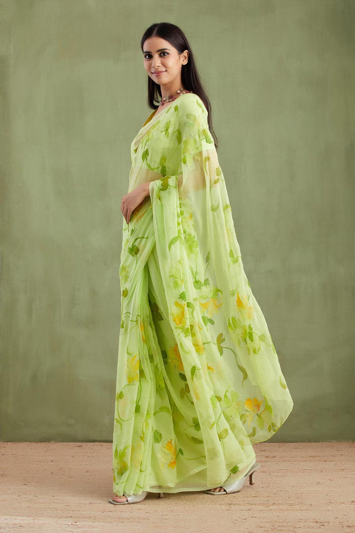 Green Hand Painted Mukaish Chiffon Saree - Geroo Jaipur