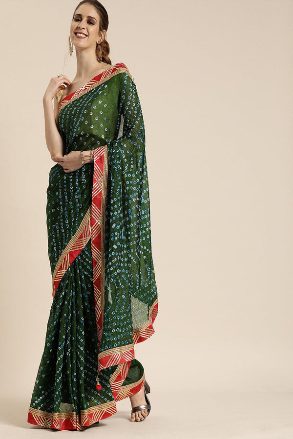 Green Handcrafted Bandhani Art Silk Saree - Geroo Jaipur