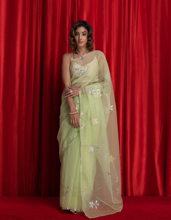 Green Handcrafted Gota Patti Organza Saree - Geroo Jaipur