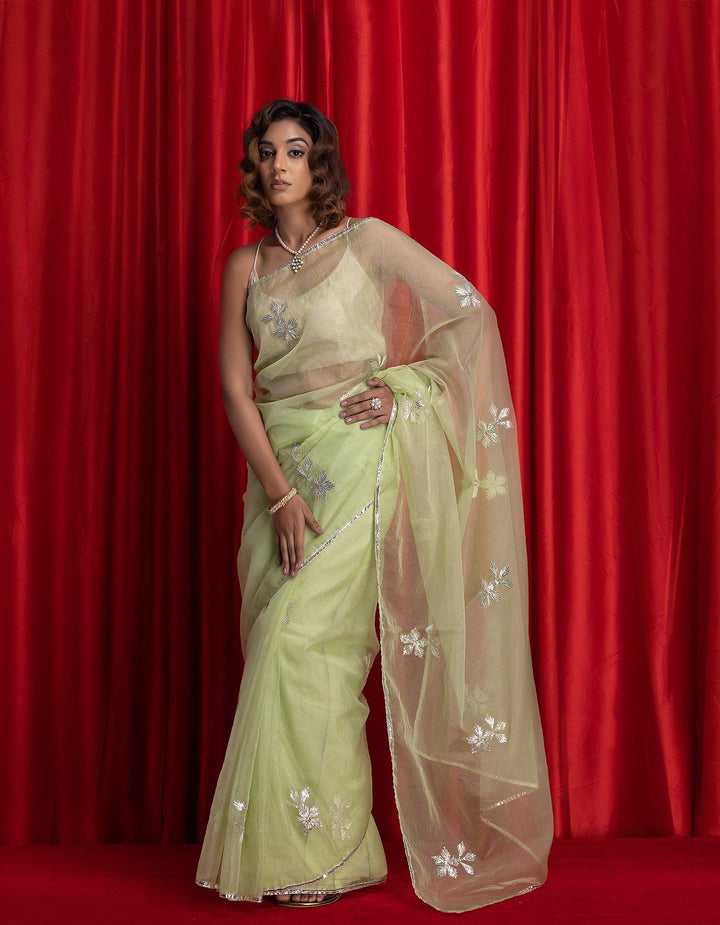 Green Handcrafted Gota Patti Organza Saree - Geroo Jaipur