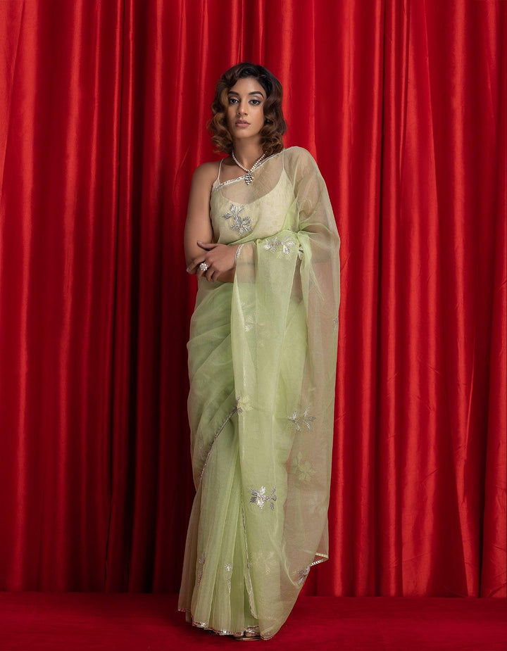 Green Handcrafted Gota Patti Organza Saree - Geroo Jaipur