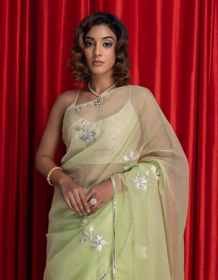 Green Handcrafted Gota Patti Organza Saree - Geroo Jaipur