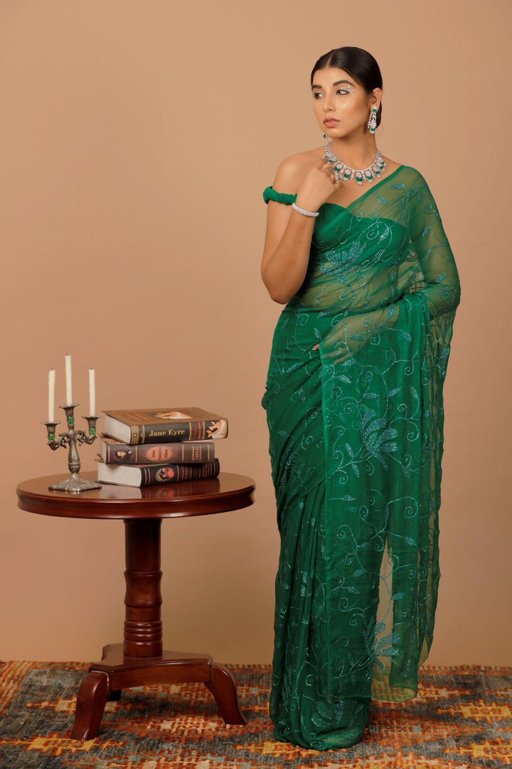 Green Handcrafted Sequins Jaal Chiffon Saree - Geroo Jaipur