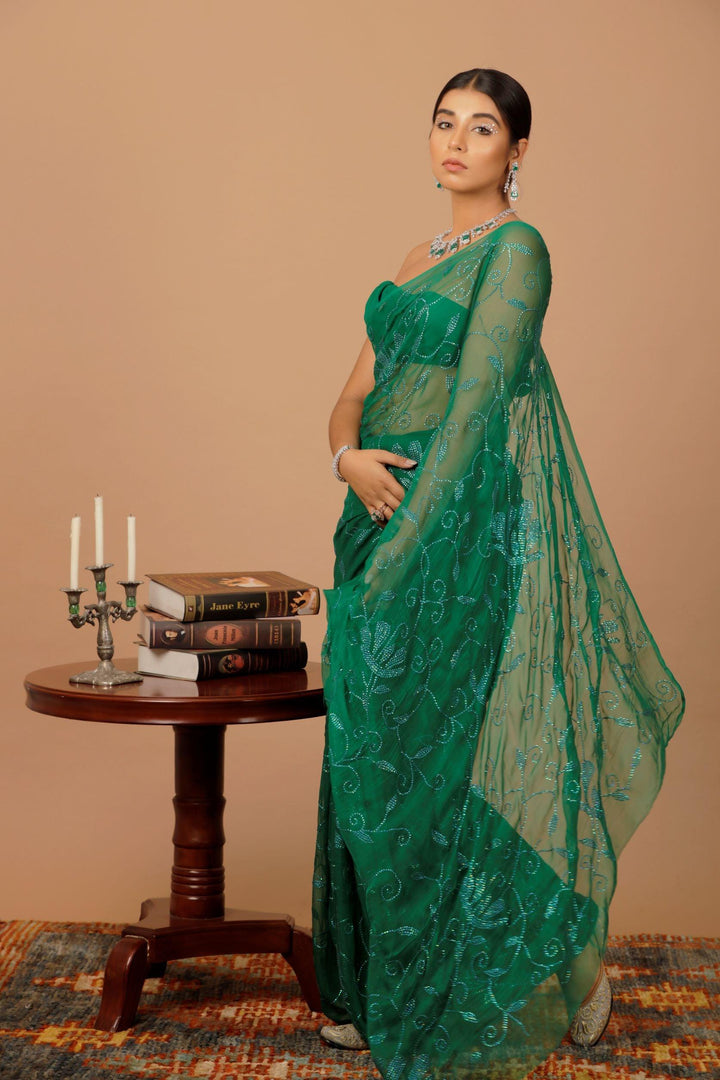 Green Handcrafted Sequins Jaal Chiffon Saree - Geroo Jaipur