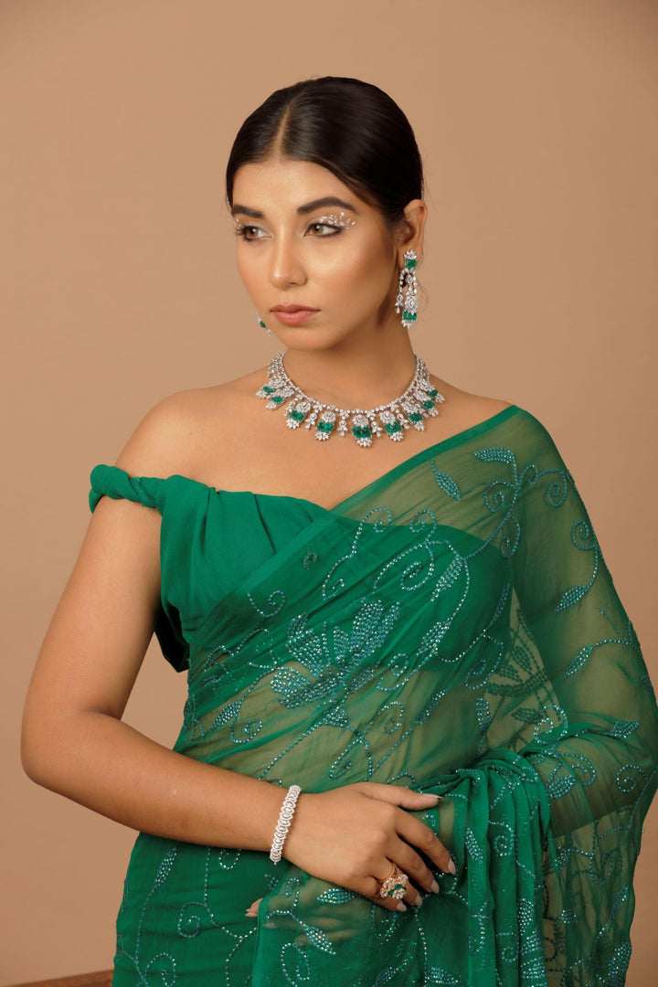 Green Handcrafted Sequins Jaal Chiffon Saree - Geroo Jaipur