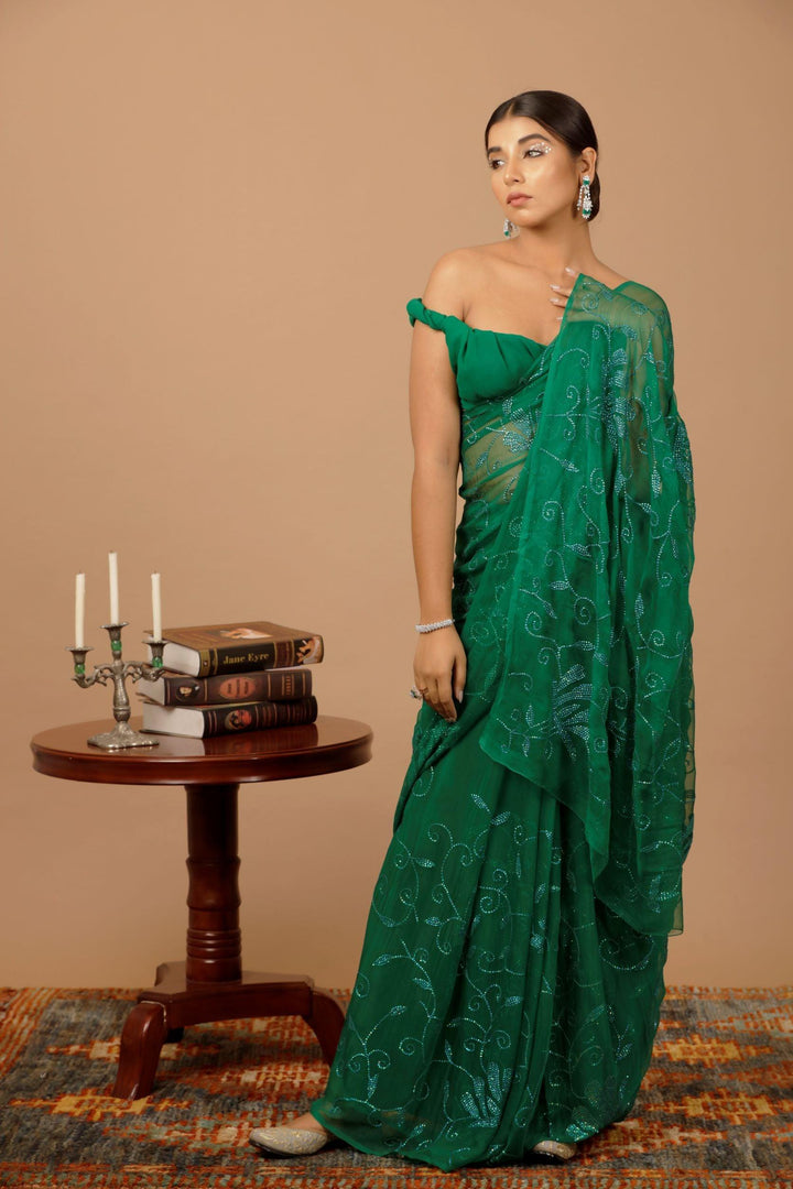 Green Handcrafted Sequins Jaal Chiffon Saree - Geroo Jaipur