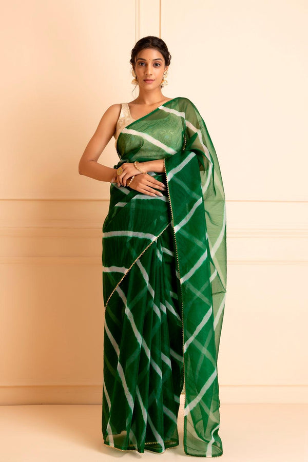 Green Organza Hand Dyed Leheriya Saree - Geroo Jaipur