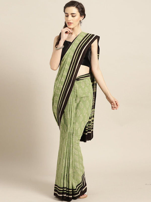 Green Pure Cotton Hand Block Printed Saree - Geroo Jaipur