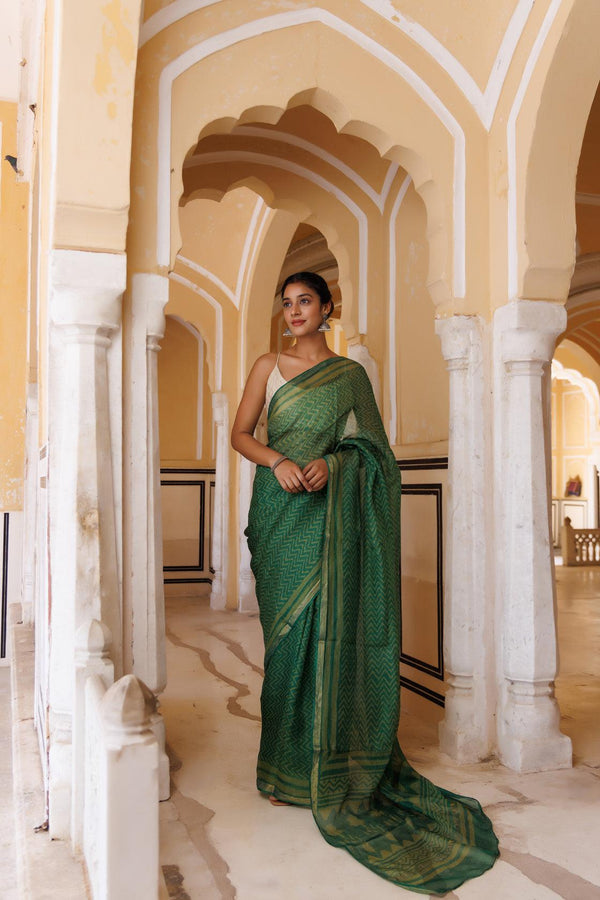 Green Pure Kota Silk Hand Block Printed Saree - Geroo Jaipur