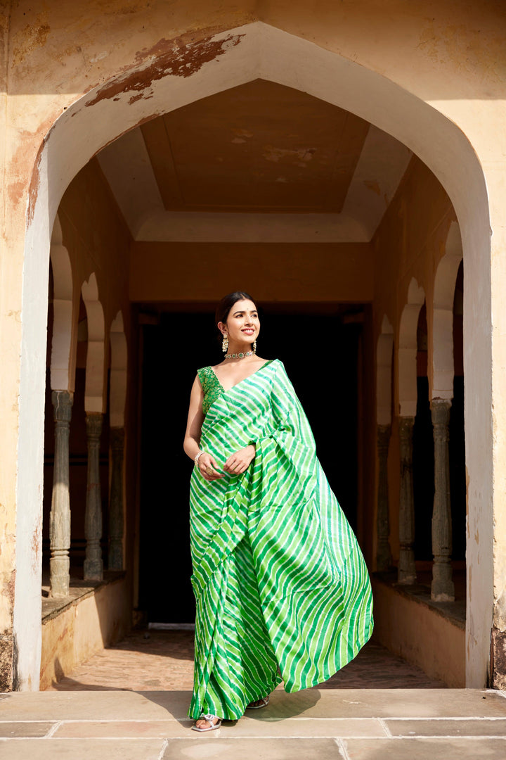 Green Pure Tussar Silk Hand-Dyed Leheriya Saree - Geroo Jaipur