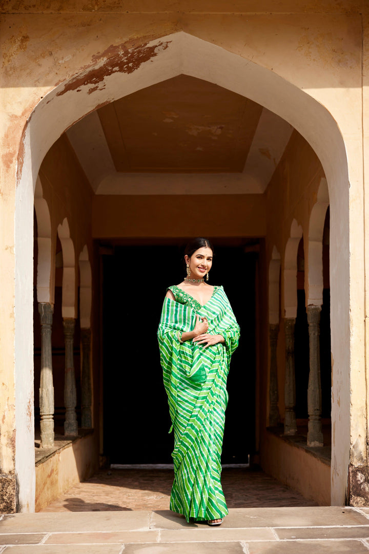 Green Pure Tussar Silk Hand-Dyed Leheriya Saree - Geroo Jaipur