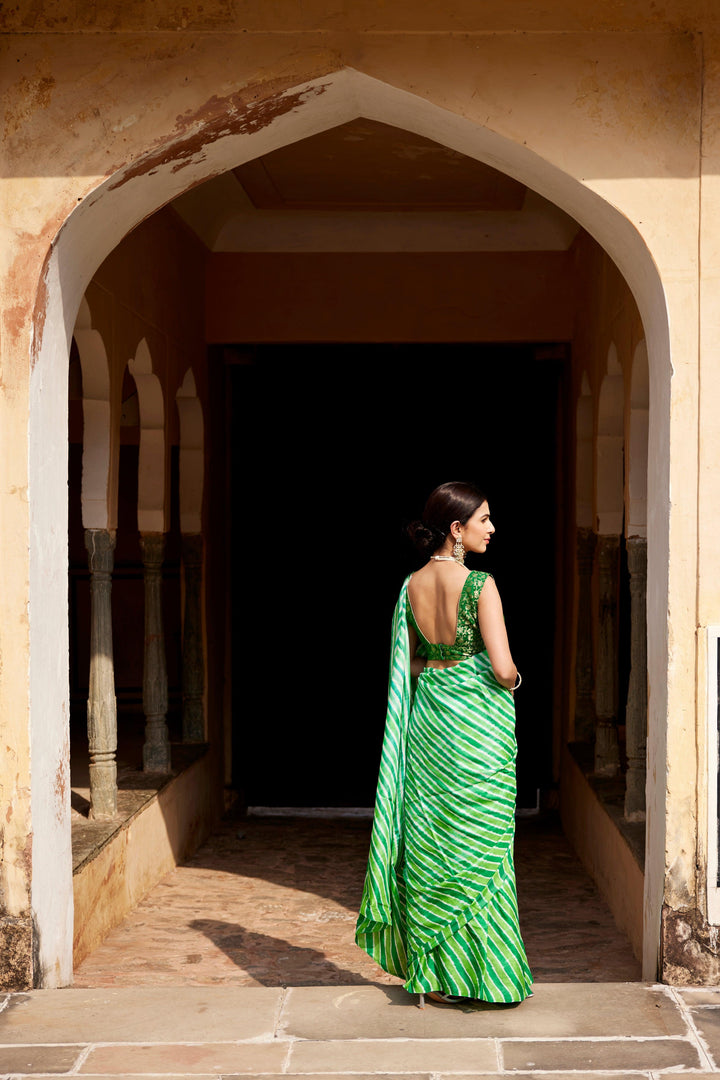 Green Pure Tussar Silk Hand-Dyed Leheriya Saree - Geroo Jaipur