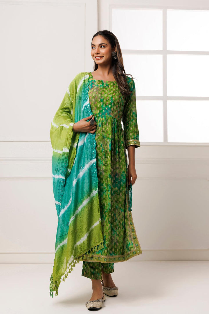 Green Shaded Cotton-Rayon Embroidered Kurta Set with Silk Dupatta - Geroo Jaipur