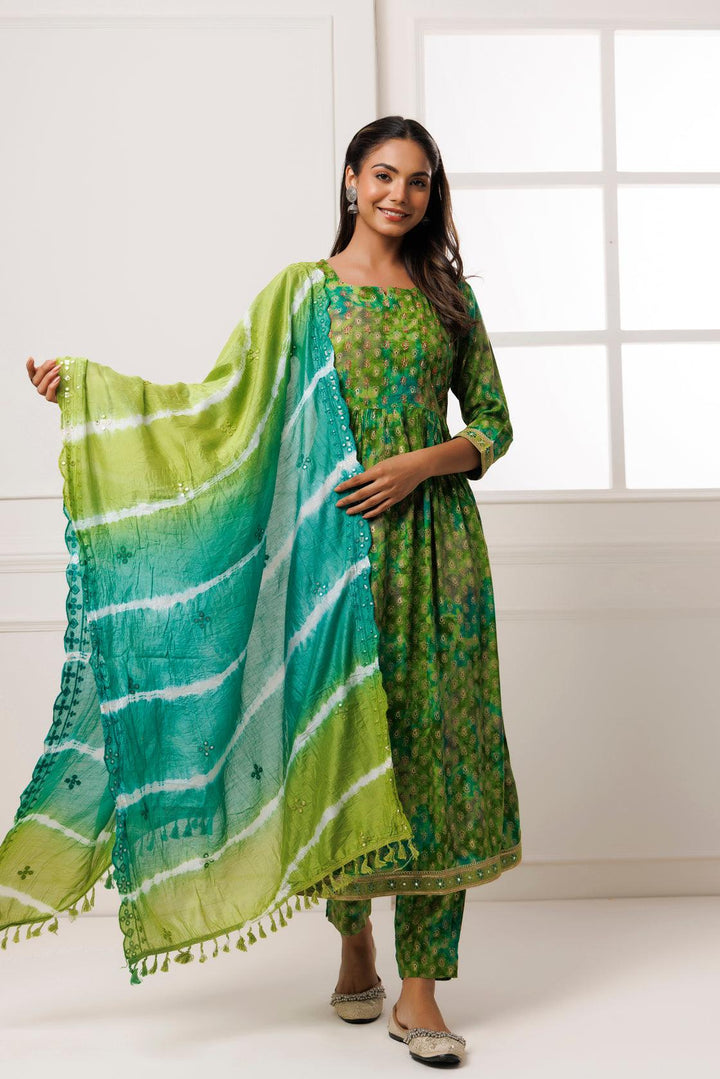 Green Shaded Cotton-Rayon Embroidered Kurta Set with Silk Dupatta - Geroo Jaipur