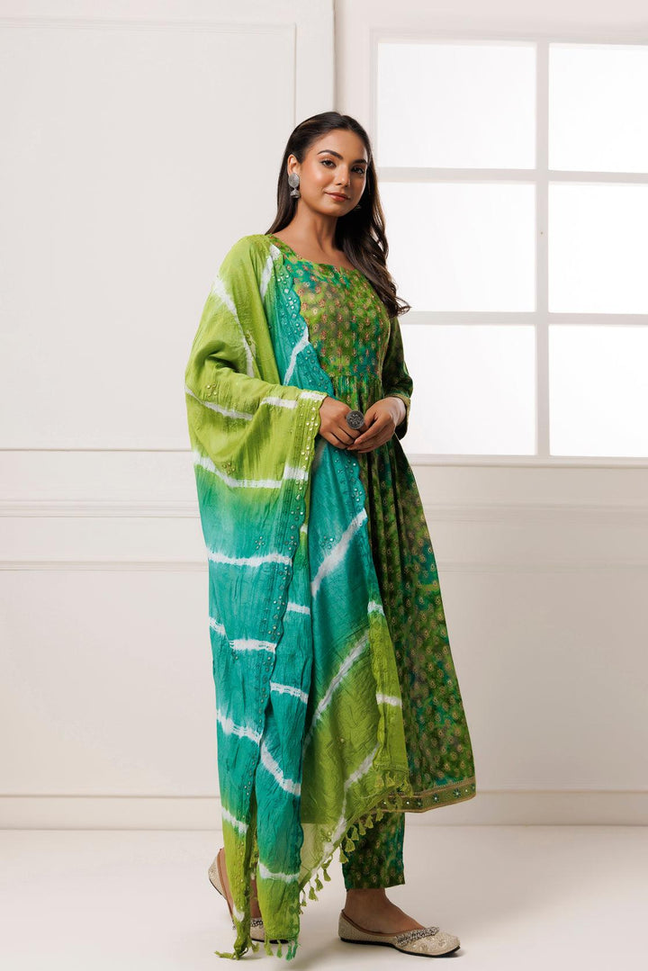 Green Shaded Cotton-Rayon Embroidered Kurta Set with Silk Dupatta - Geroo Jaipur