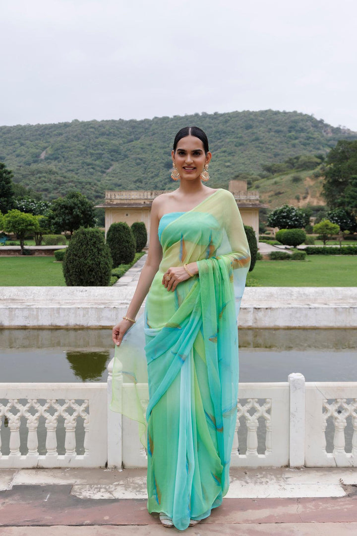 Green Shaded Hand Painted Floral Chiffon Saree - Geroo Jaipur