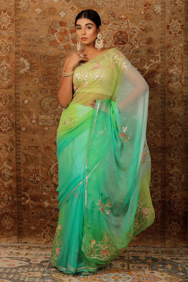 Green Shaded Handcrafted Gota Patti Chiffon Saree - Geroo Jaipur