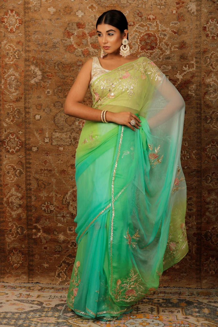 Green Shaded Handcrafted Gota Patti Chiffon Saree - Geroo Jaipur