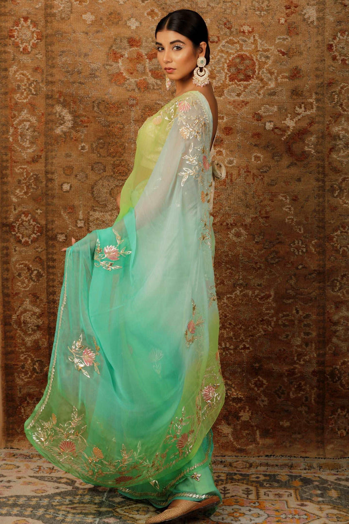 Green Shaded Handcrafted Gota Patti Chiffon Saree - Geroo Jaipur