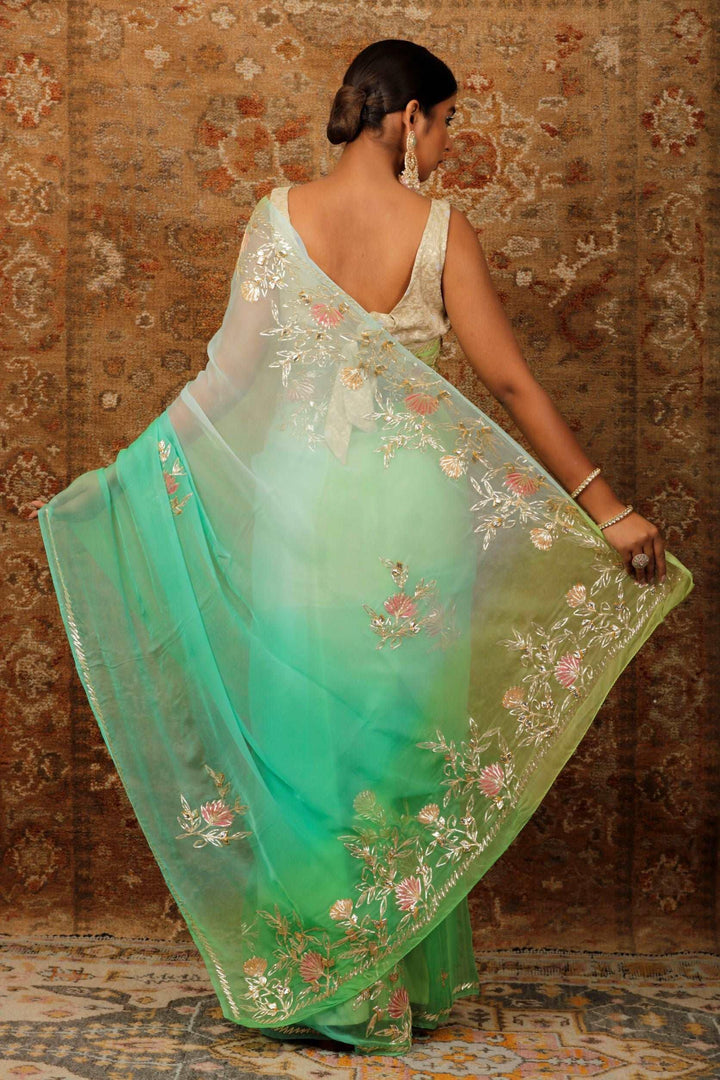 Green Shaded Handcrafted Gota Patti Chiffon Saree - Geroo Jaipur