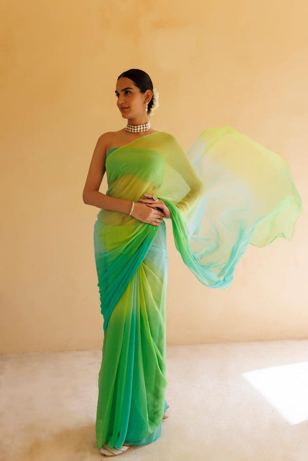 Green Shaded Mukaish Hand Embroidered Chiffon Saree - Geroo Jaipur