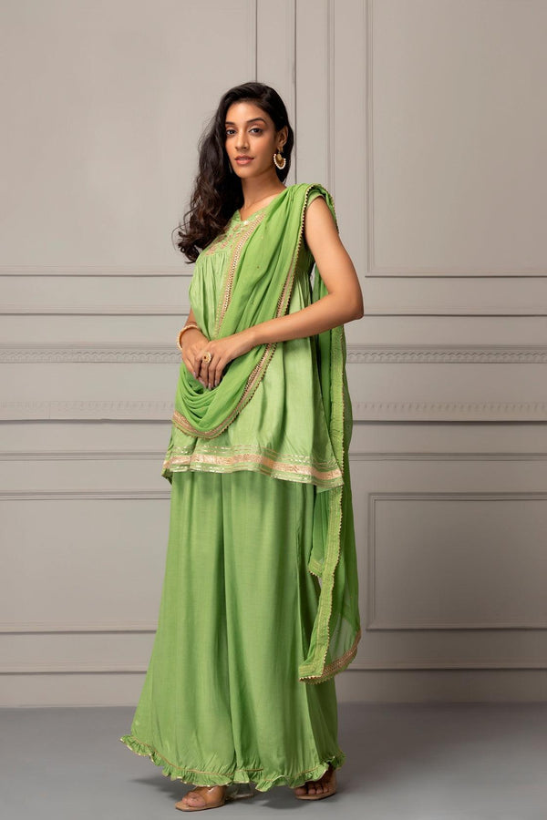 Green Shantoon Handcrafted Gota Patti Fusion Dress - Geroo Jaipur