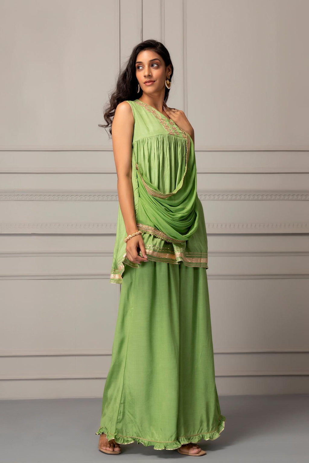 Green Shantoon Handcrafted Gota Patti Fusion Dress - Geroo Jaipur