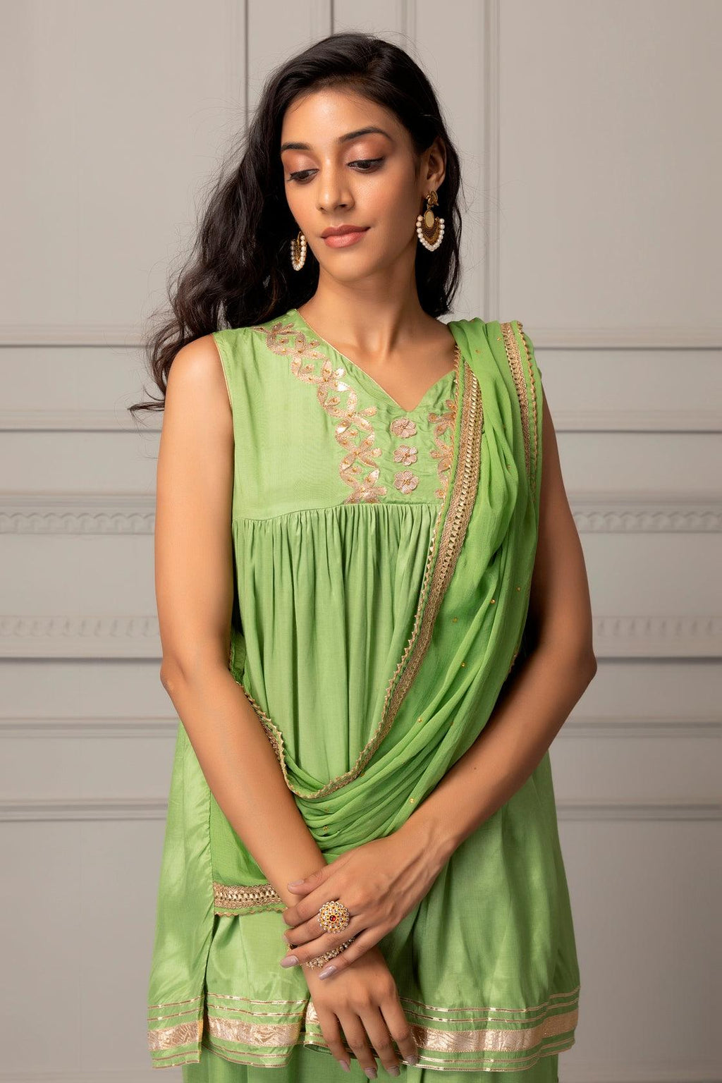 Green Shantoon Handcrafted Gota Patti Fusion Dress - Geroo Jaipur