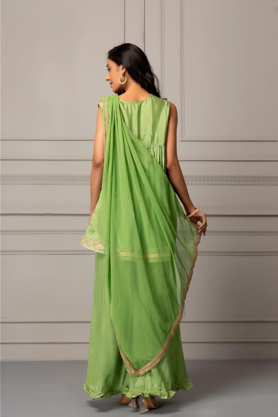 Green Shantoon Handcrafted Gota Patti Fusion Dress - Geroo Jaipur
