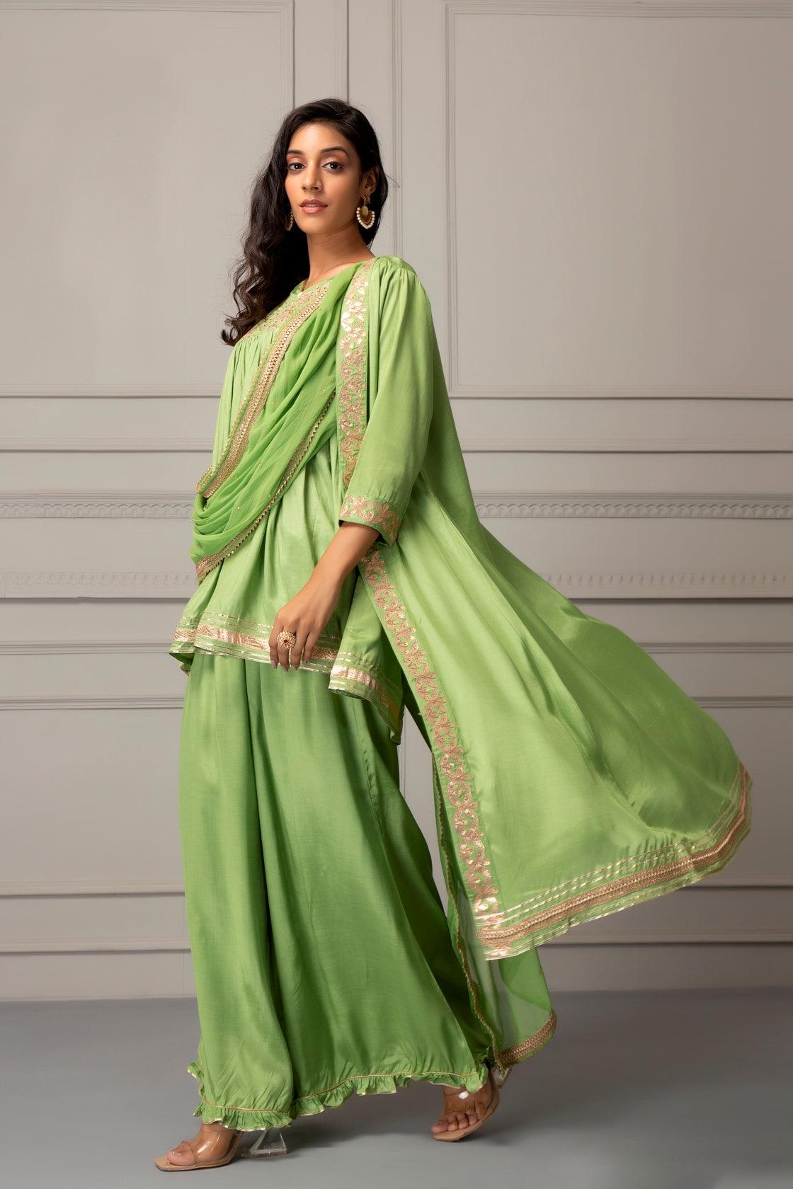 Green Shantoon Handcrafted Gota Patti Fusion Dress - Geroo Jaipur
