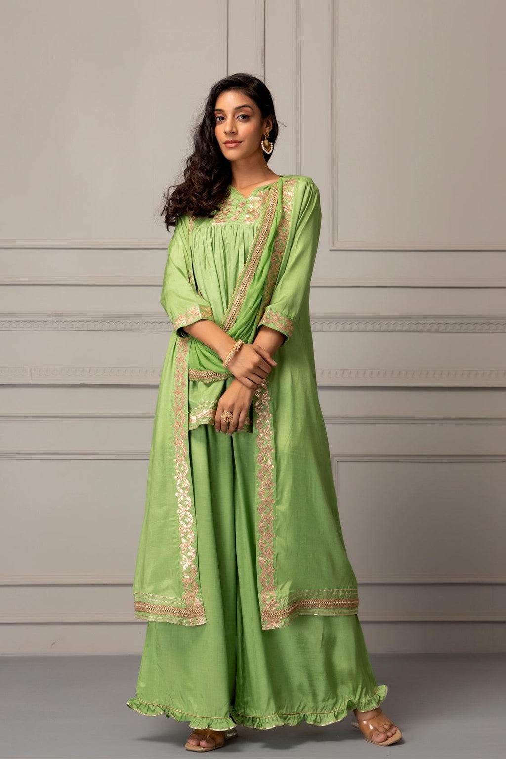 Green Shantoon Handcrafted Gota Patti Fusion Dress - Geroo Jaipur