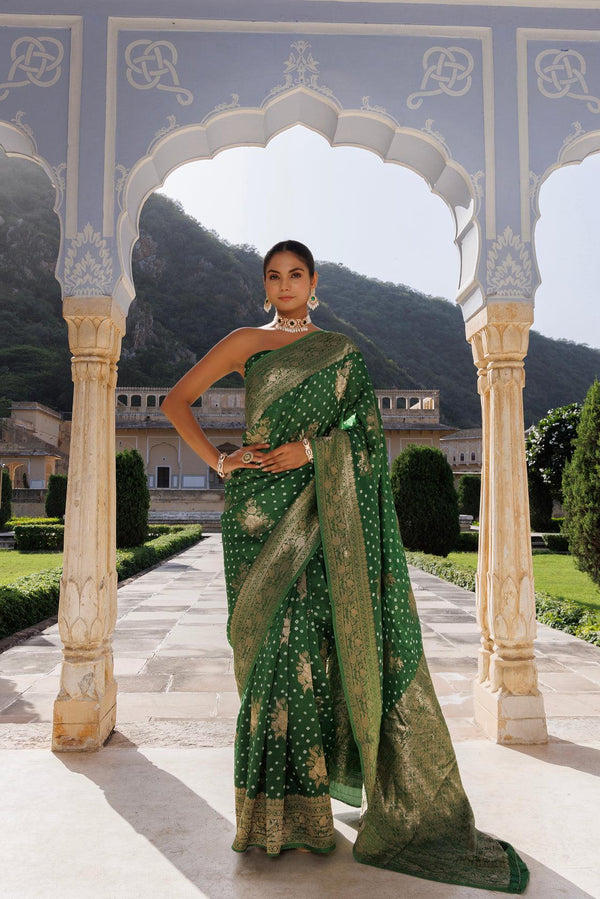 Green silk banarasi bandhani saree - Geroo Jaipur