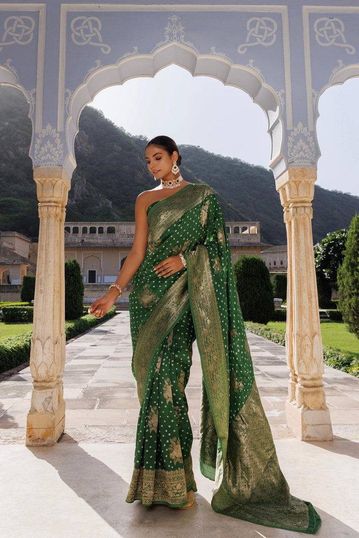 Green silk banarasi bandhani saree - Geroo Jaipur