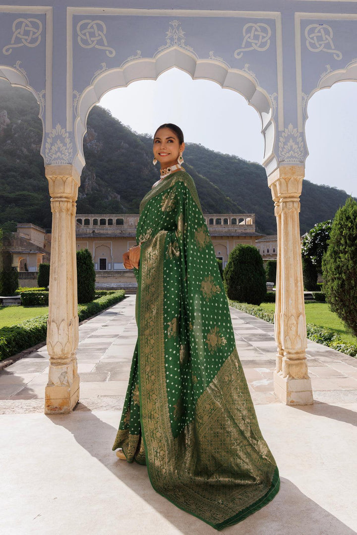 Green silk banarasi bandhani saree - Geroo Jaipur