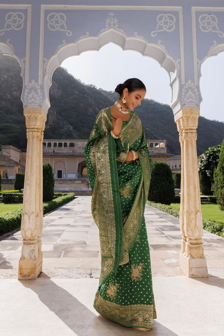 Green silk banarasi bandhani saree - Geroo Jaipur