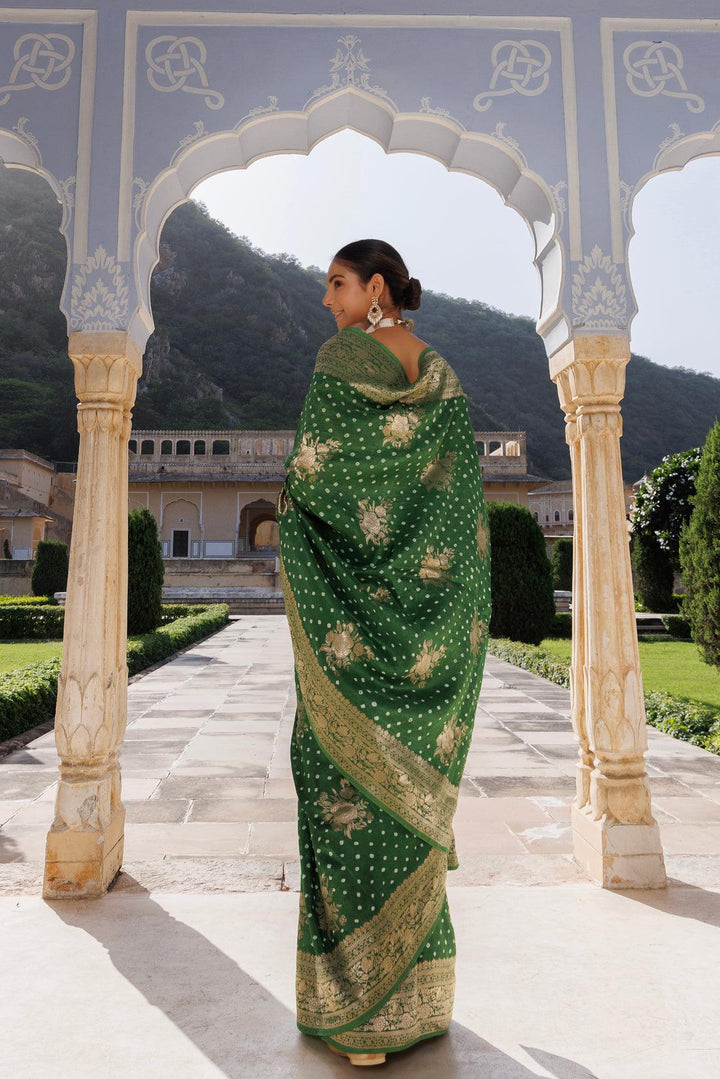 Green silk banarasi bandhani saree - Geroo Jaipur