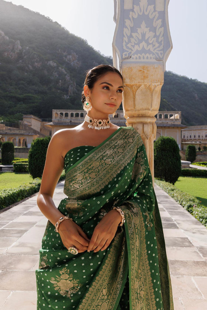 Green silk banarasi bandhani saree - Geroo Jaipur