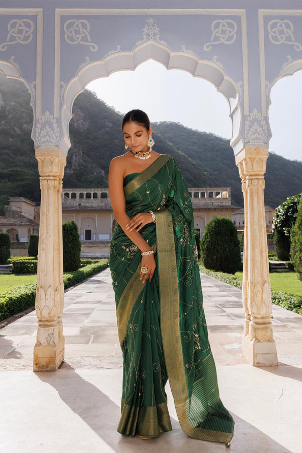 Green silk banarasi hand-embroidered saree - Geroo Jaipur